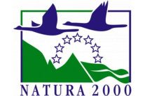 Natura 200 Logo. Zwei Gänse fliegen über Berge.