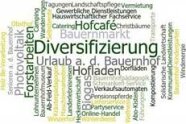 Wortwolke mit Wörtern wie Diversifizierung, Bauernmarkt, Hofcafé, Urlaub a. d. Bauernhof