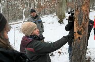 Frau zeigt auf Baum mit abgefallener Rinde.