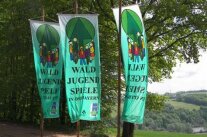 Drei Fahnen stehen am Waldrand mit der Aufschrift "Waldjugendspiele Ostbayern"