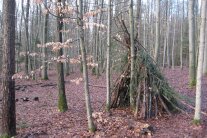 aus Ästen gebautes Tipi im Wald