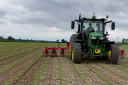 Traktor auf Feld mit Hacke