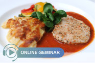 Teller mit Hähnchenschnitzel, Gemüse, Tomatensauce, Kartoffelgratin; Schriftzug Online-Seminar